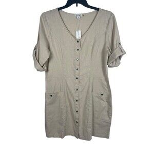 Simply Noelle Linen Blend Shirt Dress Womens L/XL Beige Button Pocket NWT Safari